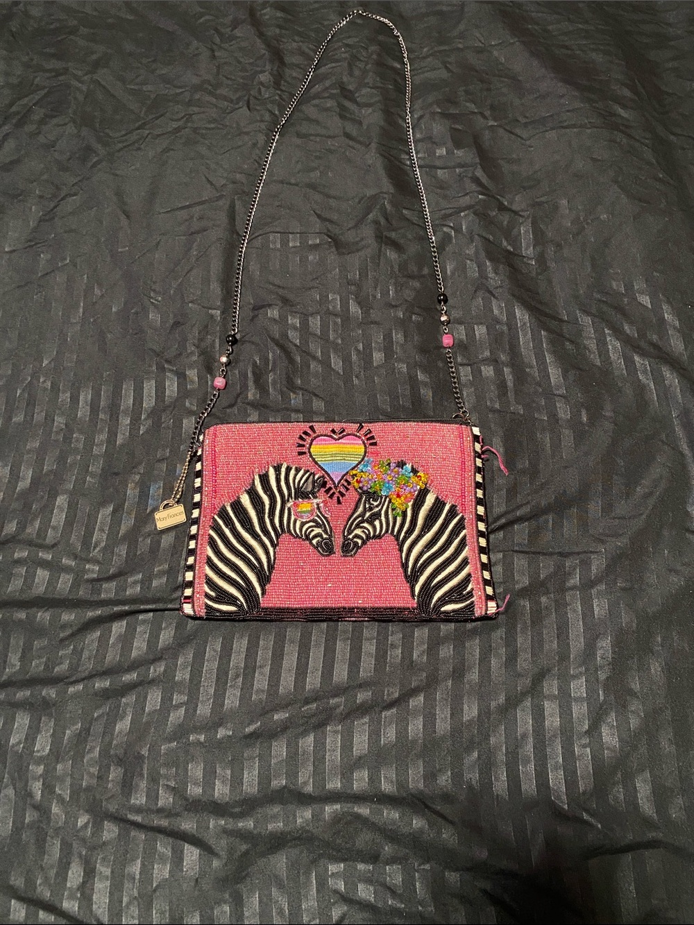 Mary Frances Pink Beaded Zebra Heart Crossbody with Rainbow Accent